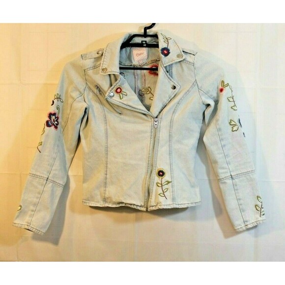 Candies Denim Jacket Floral Blue Bird Embroidered Asymmetric Zip Jean Womens S - Picture 2 of 7